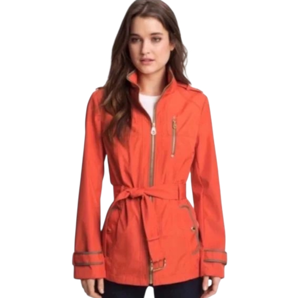 Michael Michael Kors Jacket Medium Orange Full Zip Adjustable Waist Belt & Hood